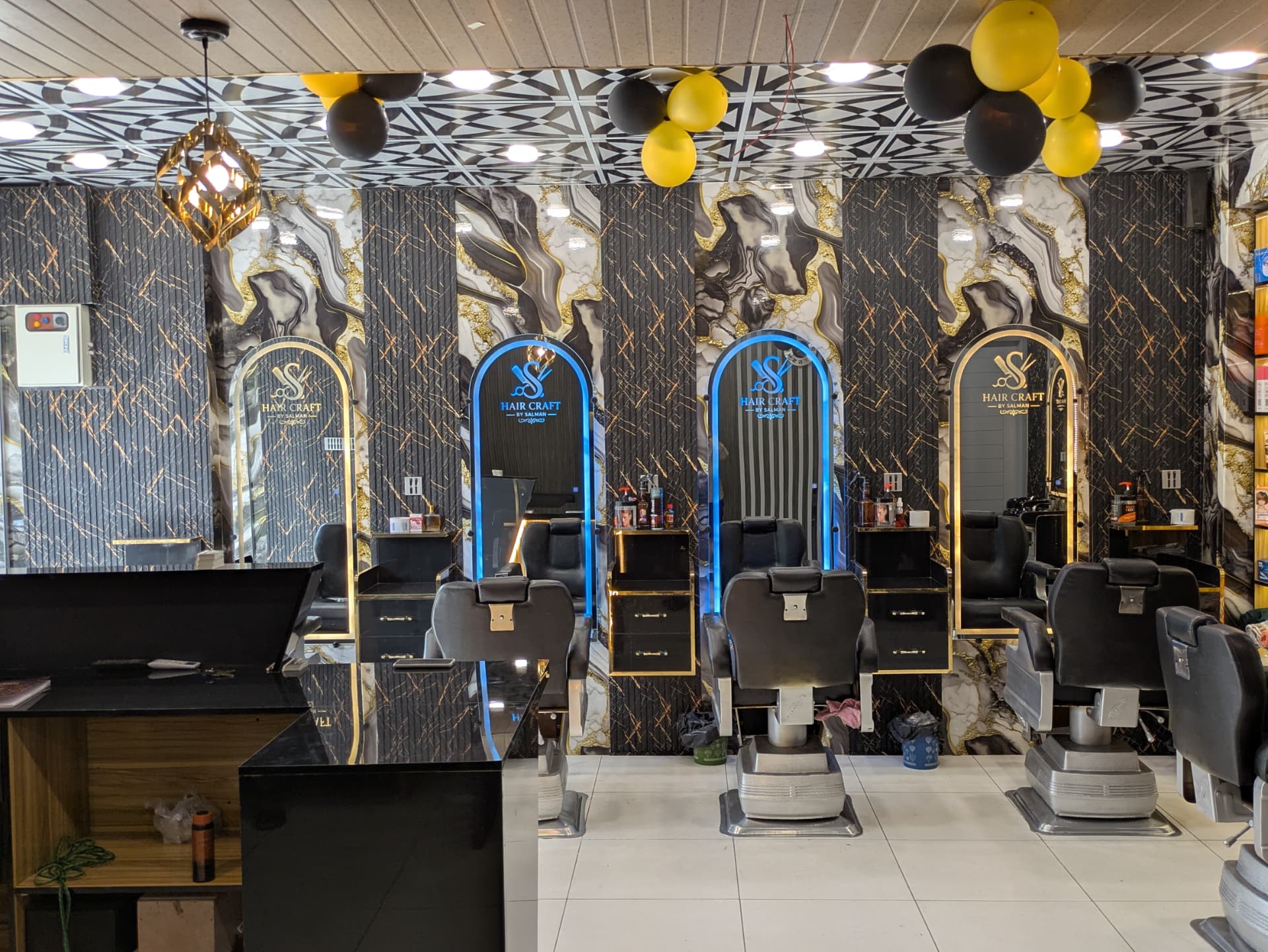 Styling stations with blue LED arched mirrors